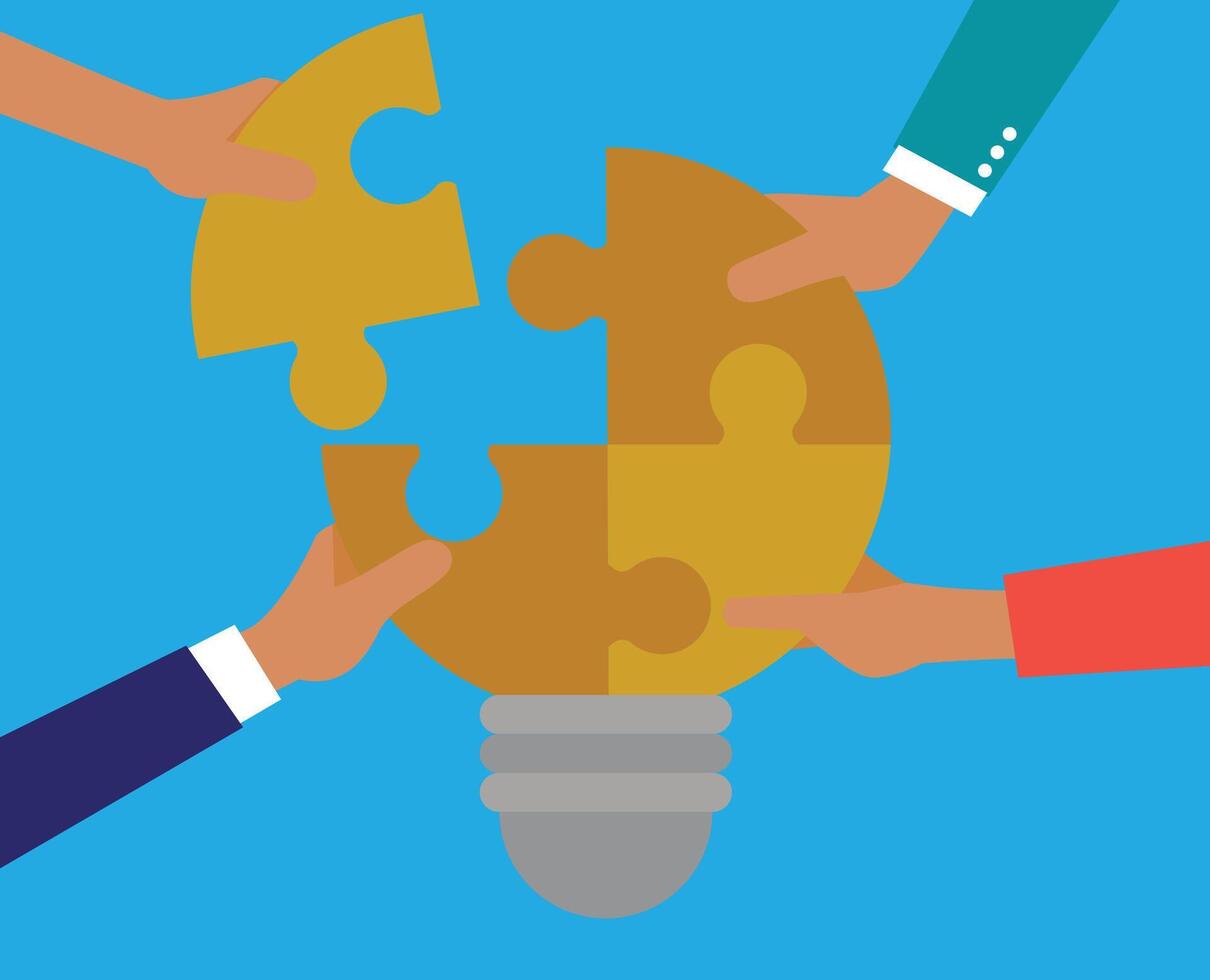 concept of creative teamwork with light bulb puzzle. teamwork each holding a puzzle piece shaped like a light bulb. innovative solutions and problem solving concept vector