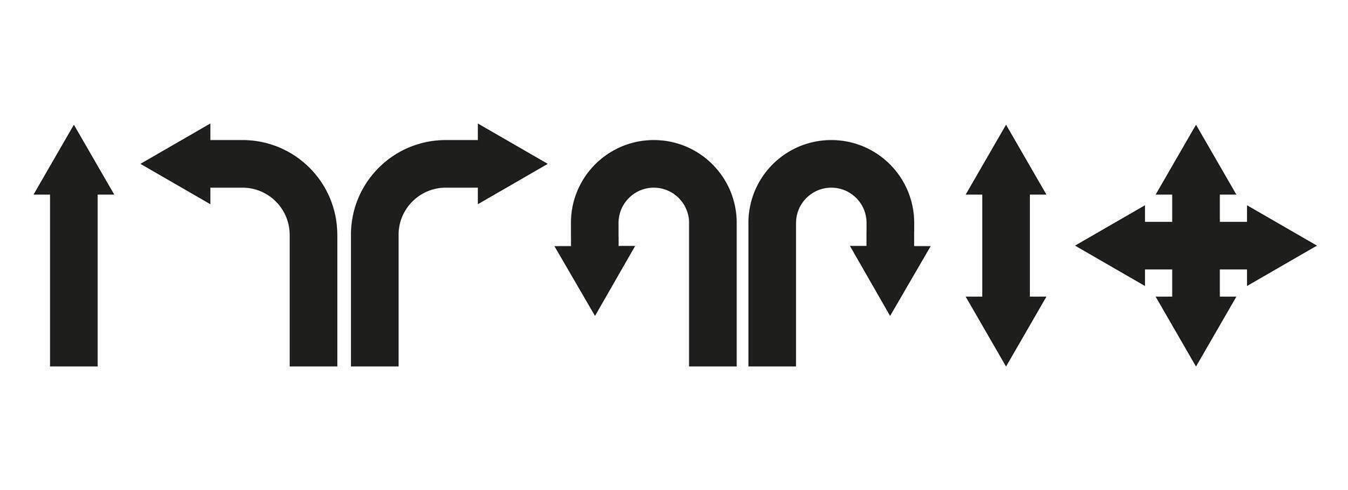 U-turn arrow icon illustration. Direction icon set with straight, left, and right arrows. Black and white navigation arrows for road signs, maps, and guidance symbols on white background. vector