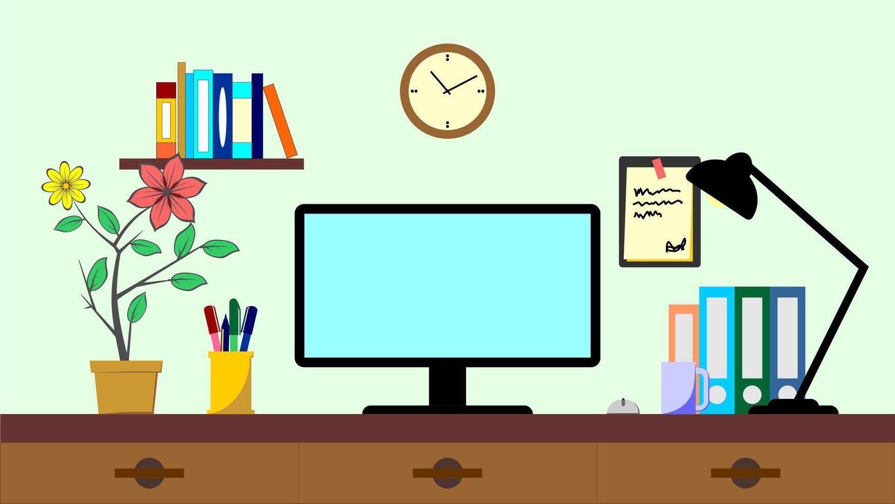an office desk with a computer, books, and a clock vector