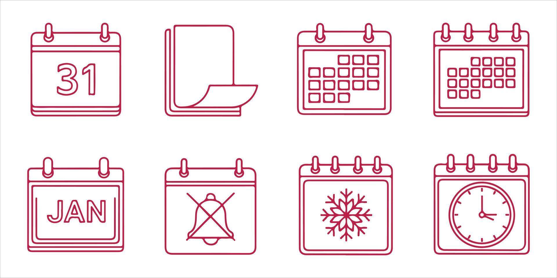 Calendar line icons set collection of different types of calendar date, time, month, year, season and more vector