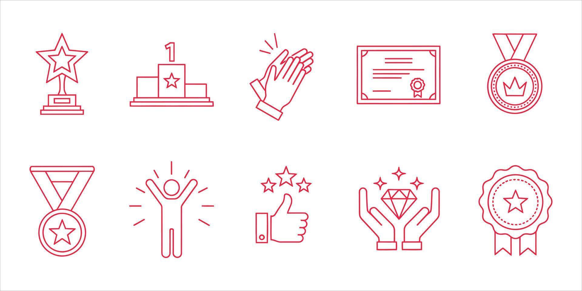A set of linear icons representing achievement, recognition, and success, highlighting awards and positive feedback vector