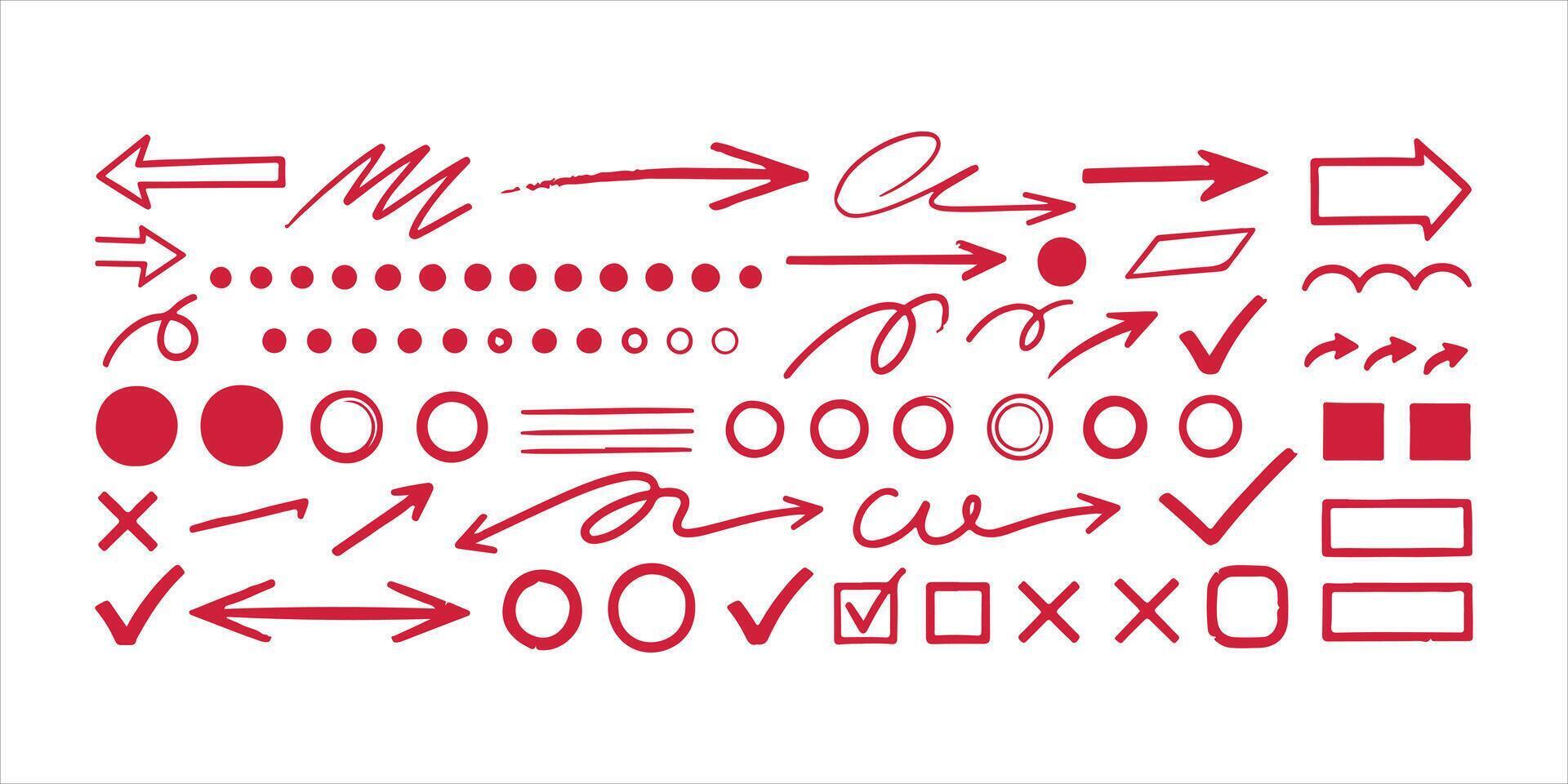 Set of red handdrawn arrow and mark elements, includes various shapes, directions, and styles for design use vector