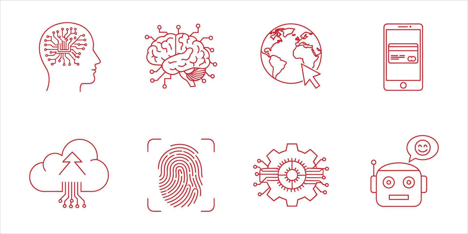 Artificial intelligence and medicine line icons set contains such icons as brain, cloud, fingerprint, robot, earth, phone vector