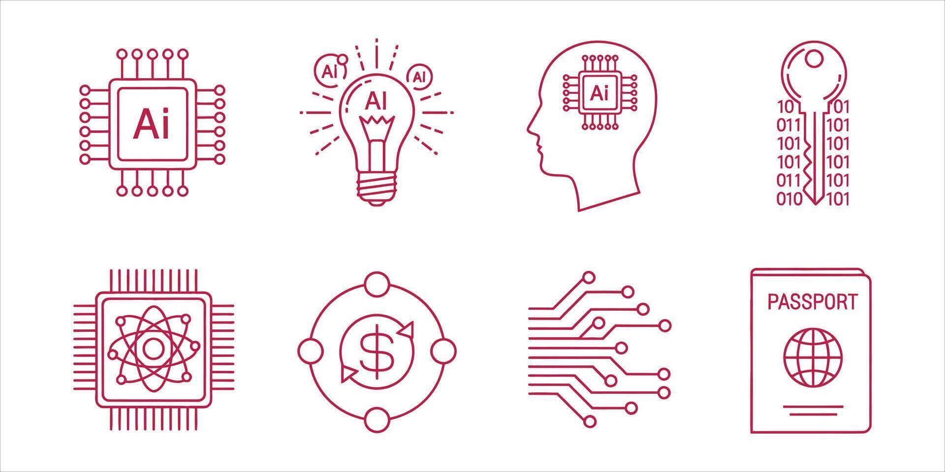 Artificial intelligence and technology icons set contains passport, key, chip, money, atom, and lightbulb icons vector
