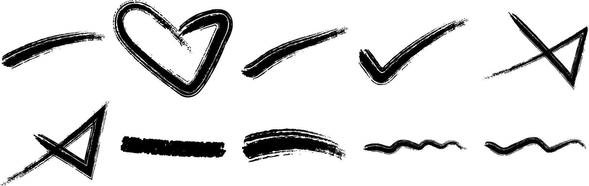 Collection of black grunge brush strokes and textured ink marks. Features handwritten elements like heart, checkmarks, crosses, lines, and wavy patterns for graphic design accents vector
