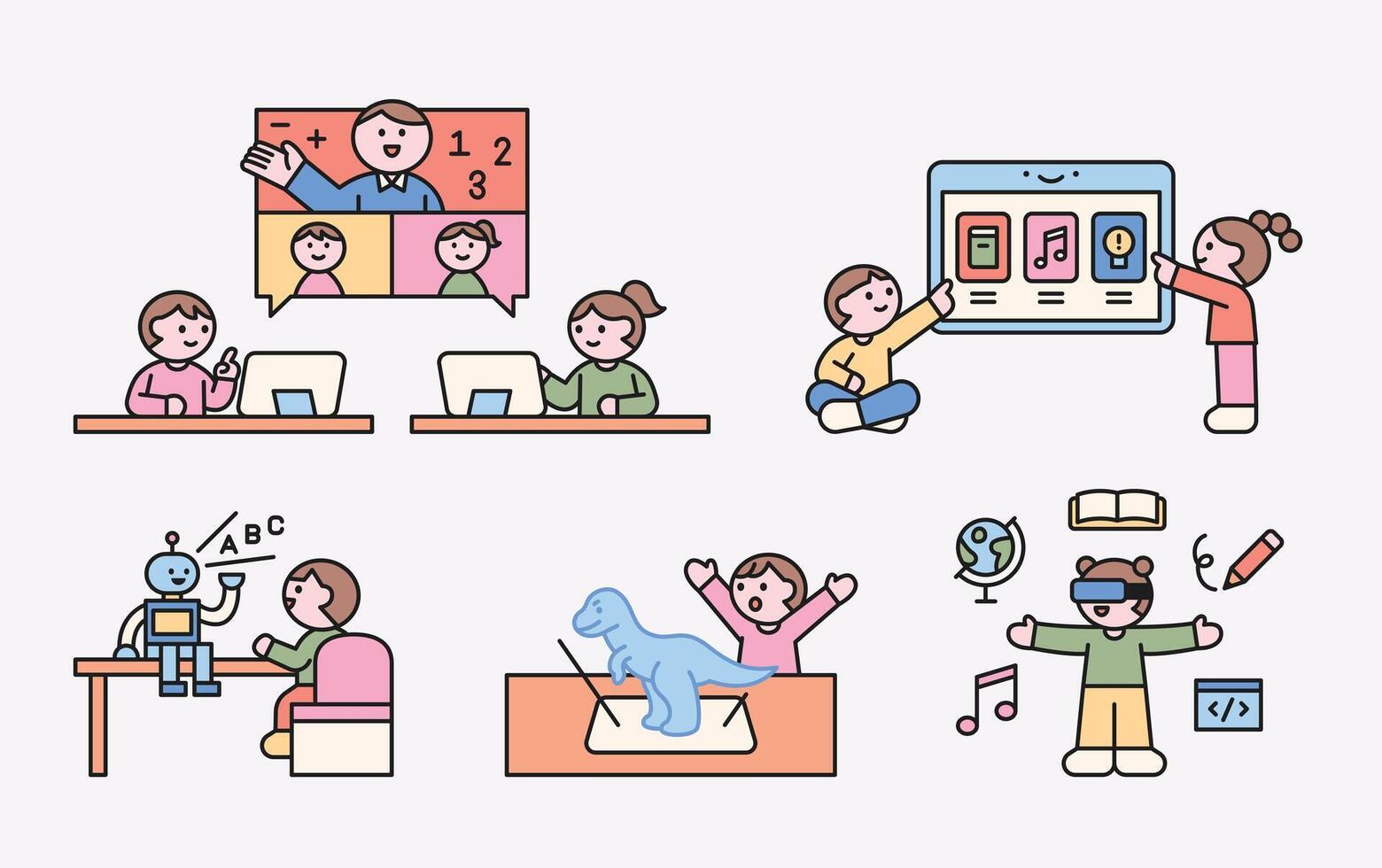 Children learning through digital education, online classes, robots, AR, and VR technology in a fun and creative environment. vector