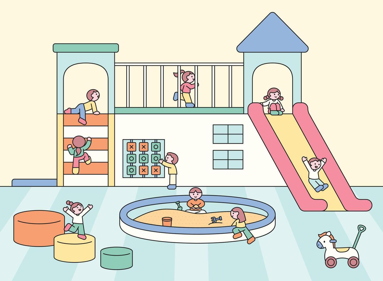 Children playing together at a playground with slides, climbing, sandbox, and toys in a cheerful and safe environment. vector