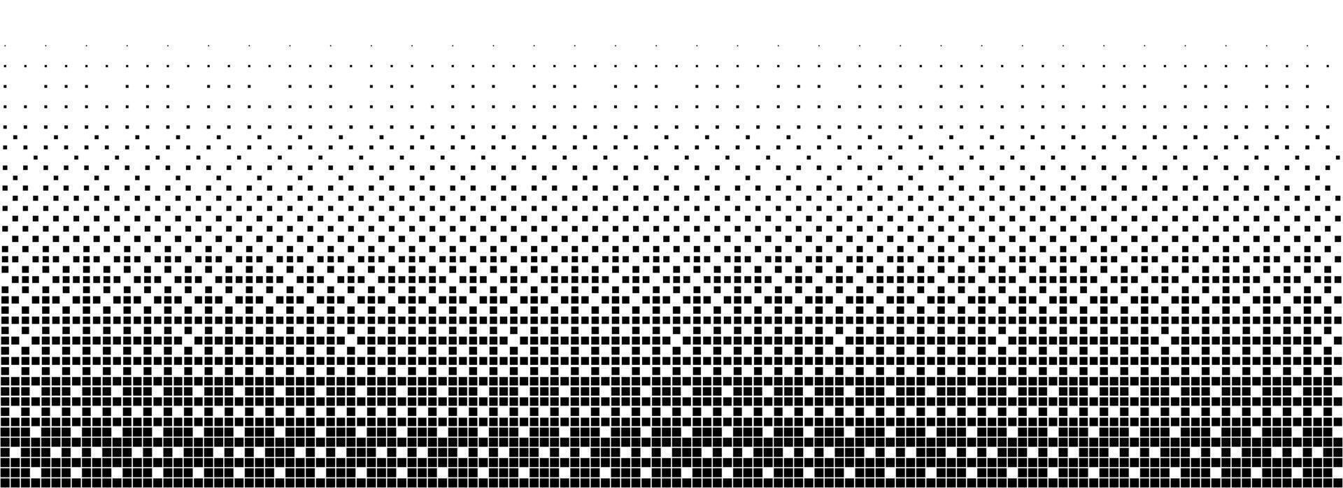 Binary halftone texture background. Square dot faded gradation wallpaper. Black and white squared pixels. Abstract glitchy 8 bit game backdrop. Comic bitmap dither screen tone overlay vector