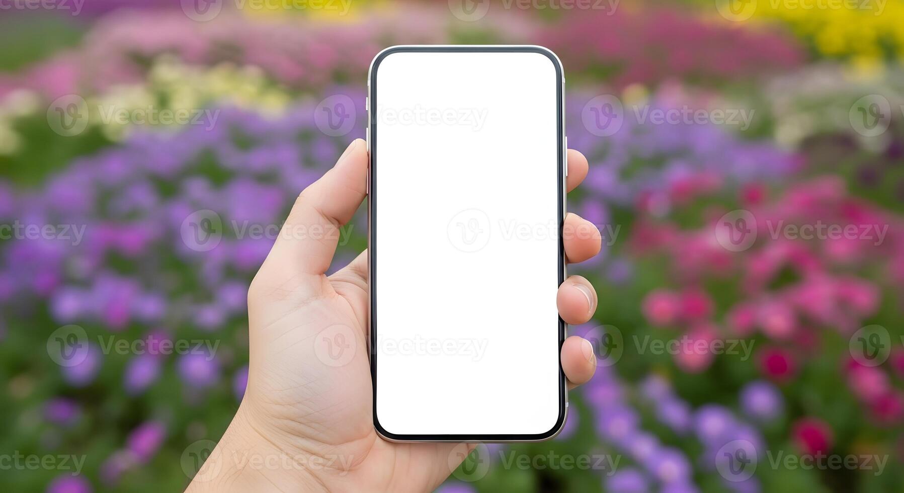 Hand holds a blank smartphone against a soft, blurred floral background for interface mockup. photo