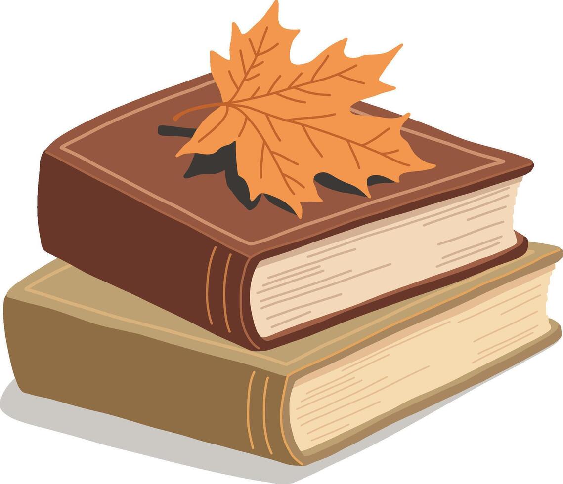 Flat Illustration of Autumn Books with Maple Leaf on Top vector