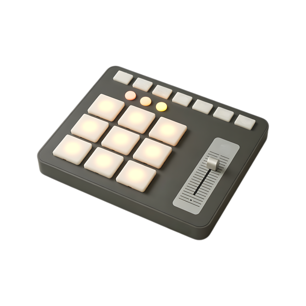 Compact MIDI controller with illuminated pads and fader. png