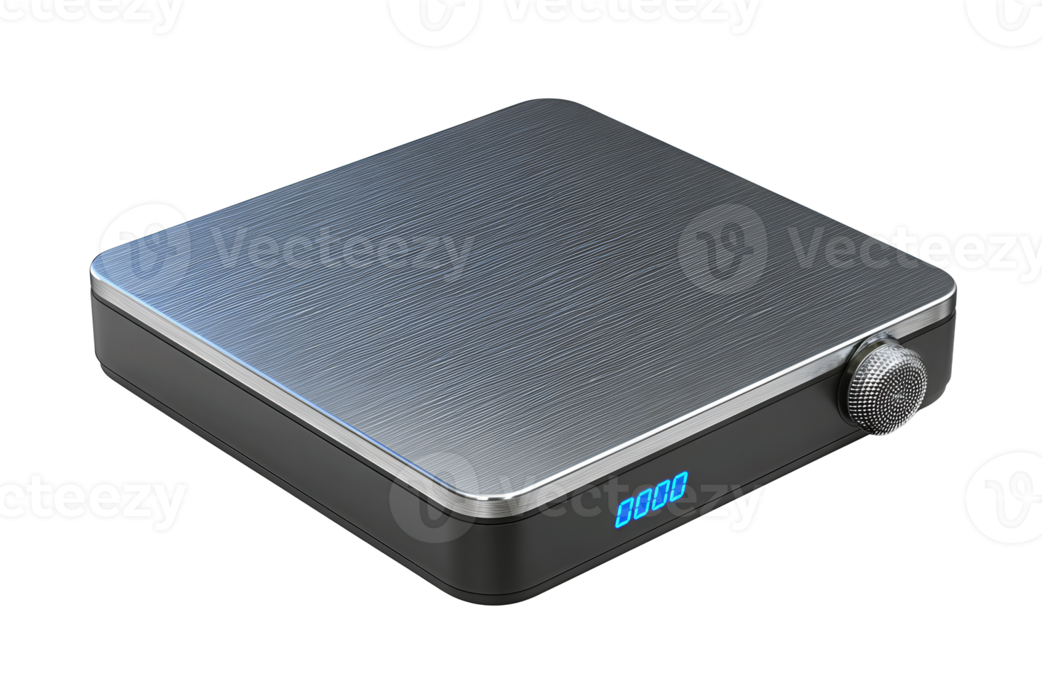 Sleek digital weighing device with aluminum plate and graphite frame, blue-lit display at zero, subtle side dial texture, isolated on transparent background. png