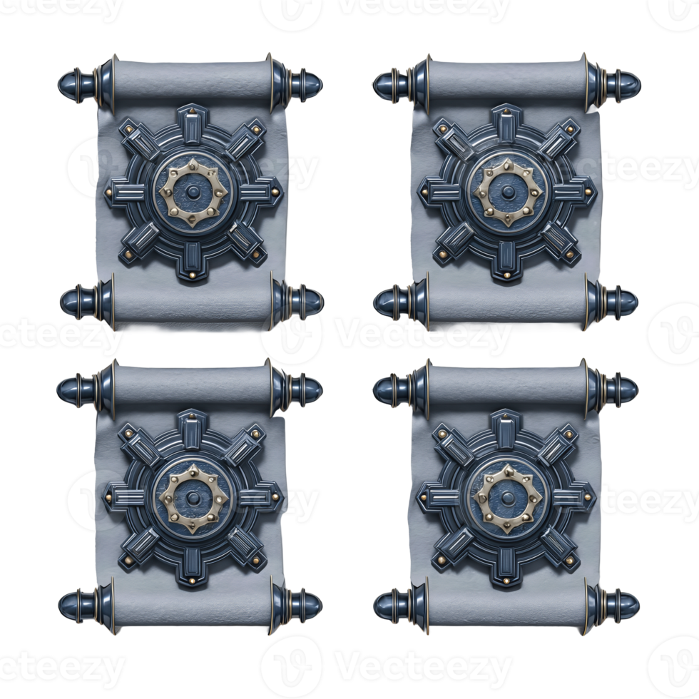 Grid of four scroll shields each featuring a unique lock design, beveled navy metal frames with gray paper centers, isolated on transparent background. png
