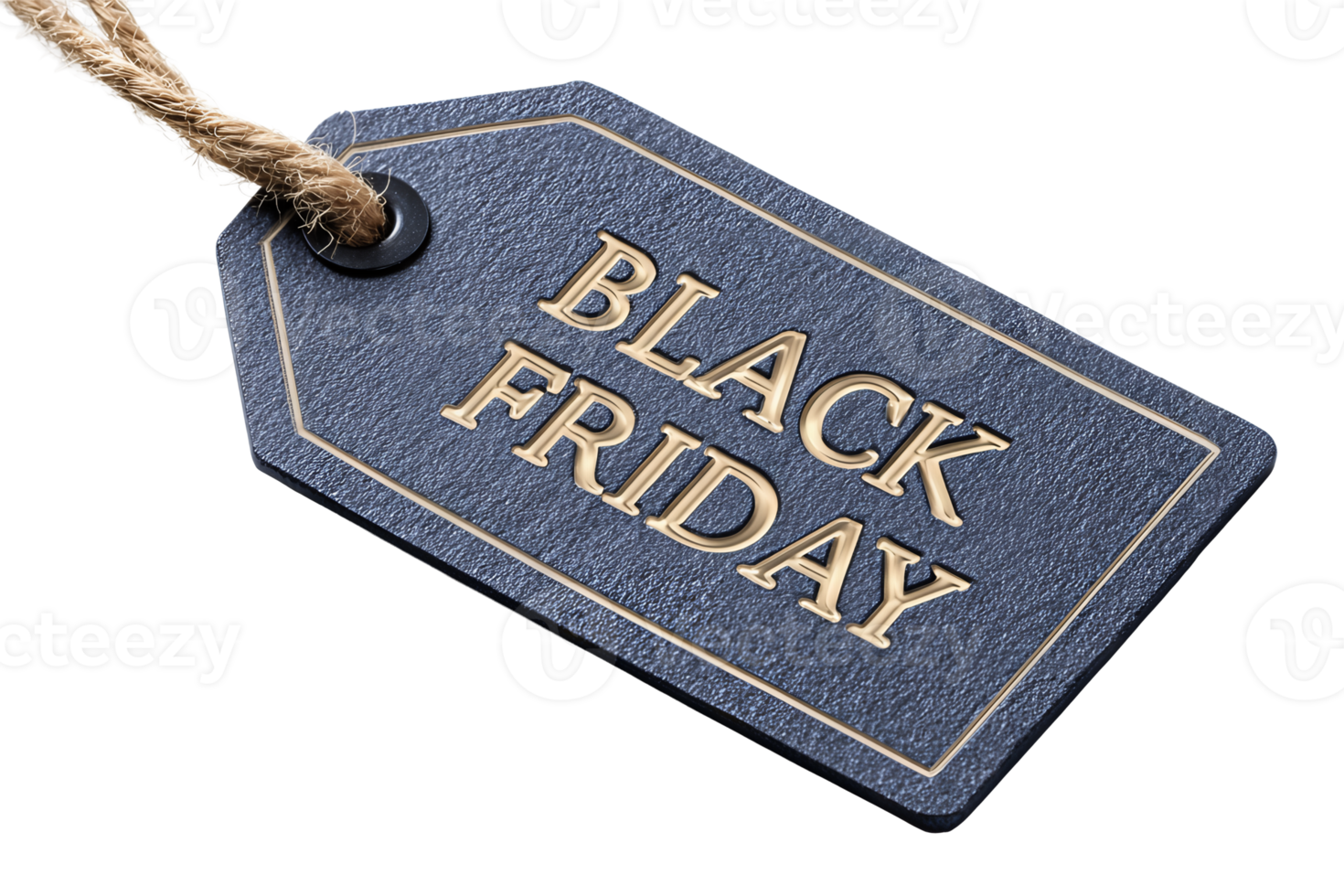 Hanging price tag in Black Friday style, matte midnight-blue with embossed border and metal eyelet, kraft string loop attached, isolated on transparent background. png