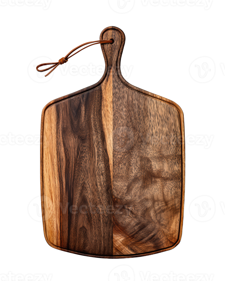 Paddle-style cutting board crafted from dark walnut wood with rich knot patterns, rounded handle and leather tie, beveled edges, isolated on transparent background. png