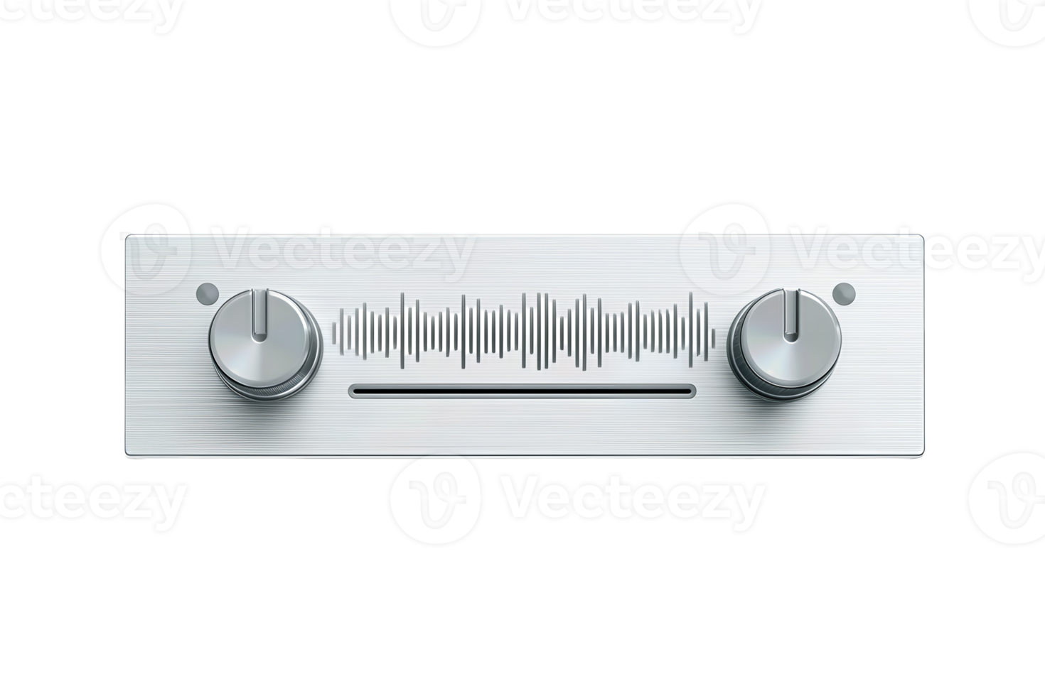 Modern audio control panel with two vertical sliders and a clean waveform bar below, finished in cool gray anodized metal, minimalist interface, isolated on transparent background. png