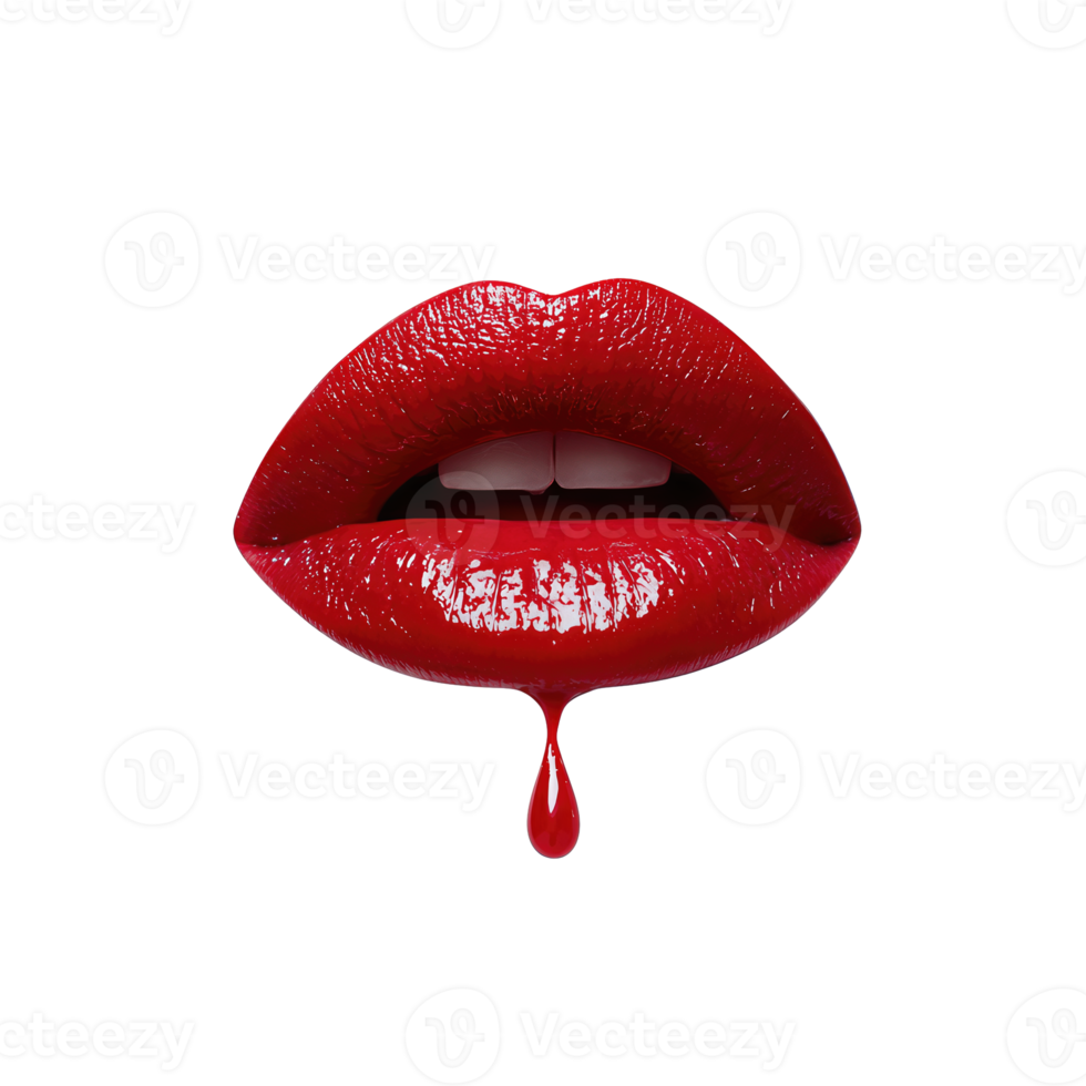 Glossy red lips tiny ruby droplet, smooth texture and sensual detail, centered frontal view, isolated on transparent background. png