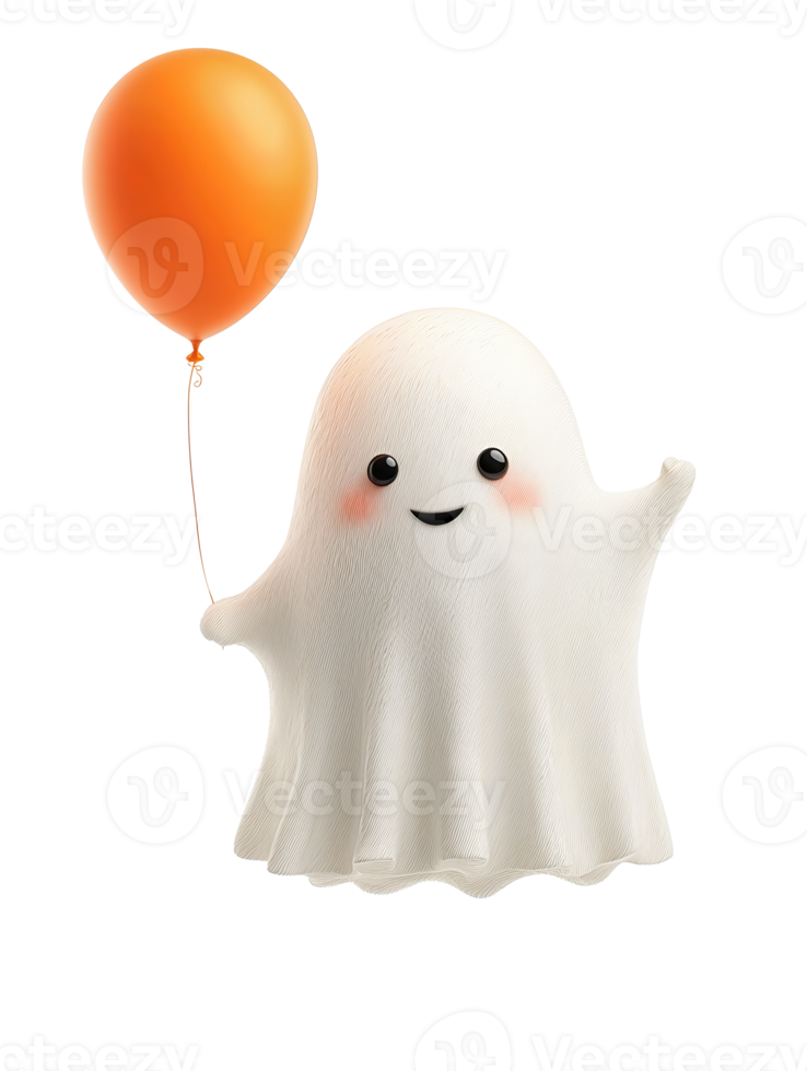 Friendly cartoon ghost waving and holding an orange balloon by a thin string, soft shading and smooth rounded edges, cheerful and cute, isolated on transparent background. png
