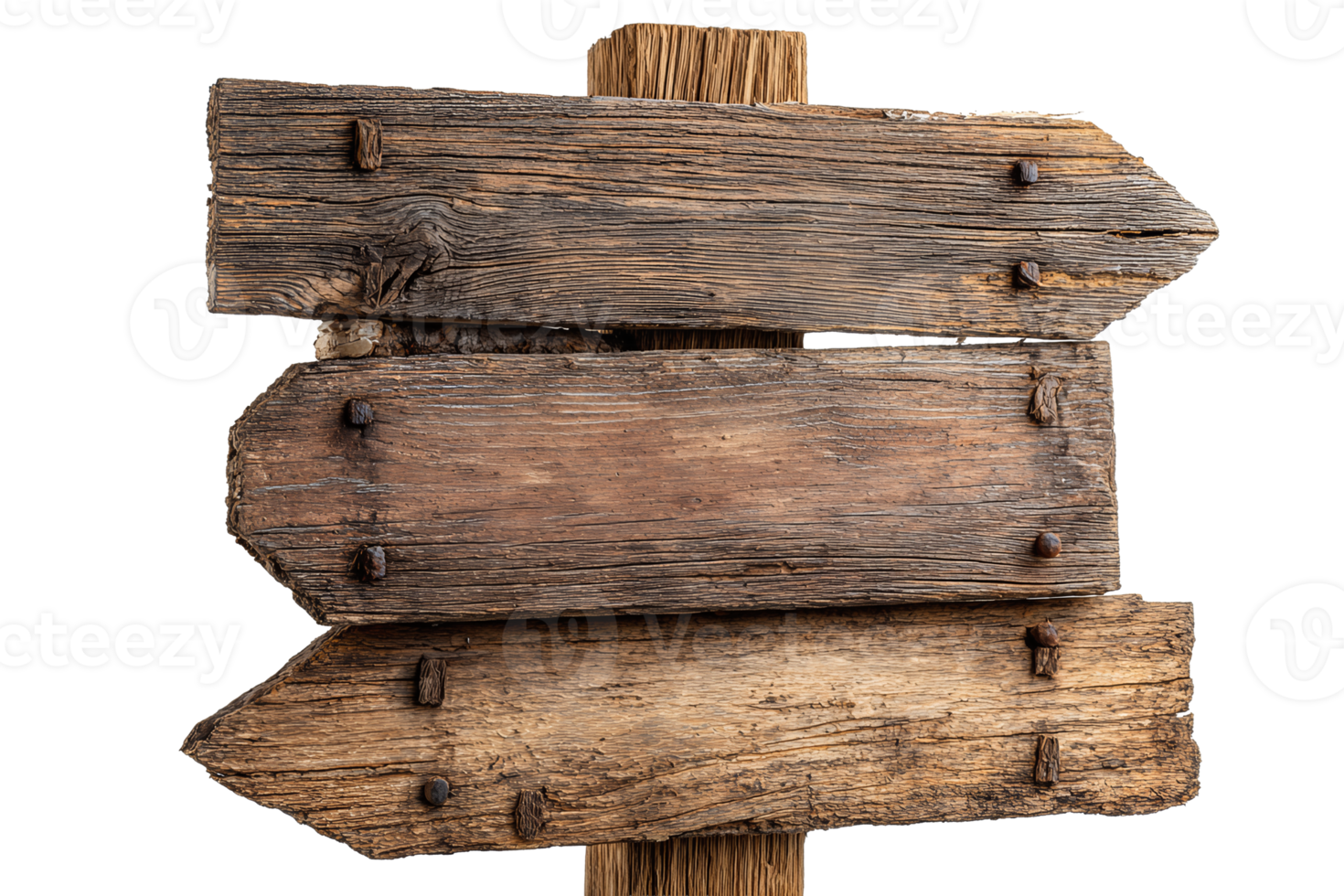 Set of pine wooden boards mounted on a post, left and right arrows framing a rectangular center, bark texture and rustic nails visible, isolated on transparent background. png