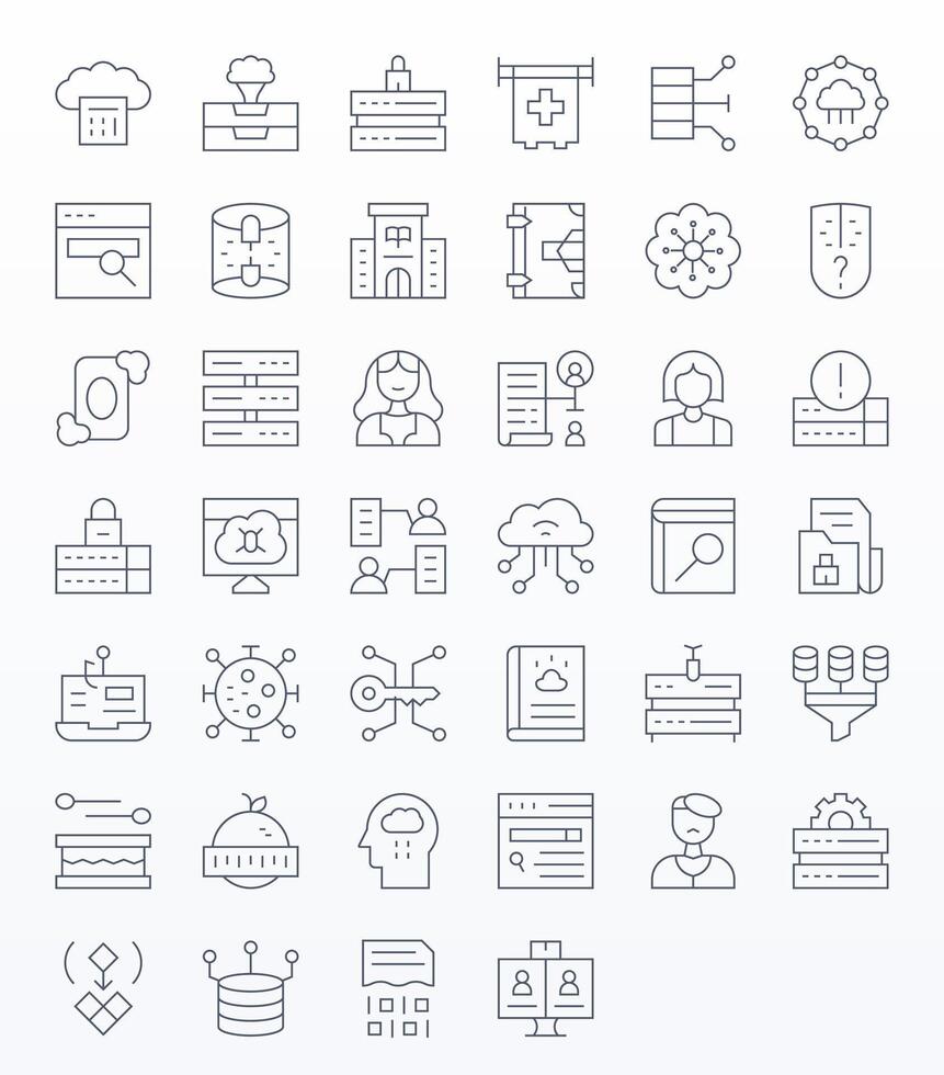 Database Comprehensive Bundle with 40 Pixel Aligned Thin Line Retina Ready Icons vector