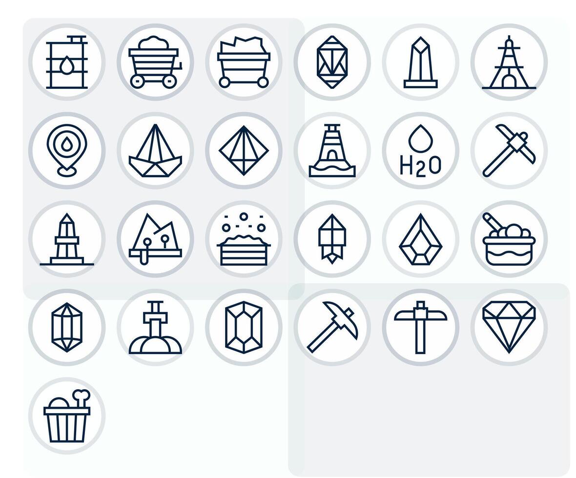 25 Grid Fitted Icons themed around Mineral in 128x128 Regular Line format vector