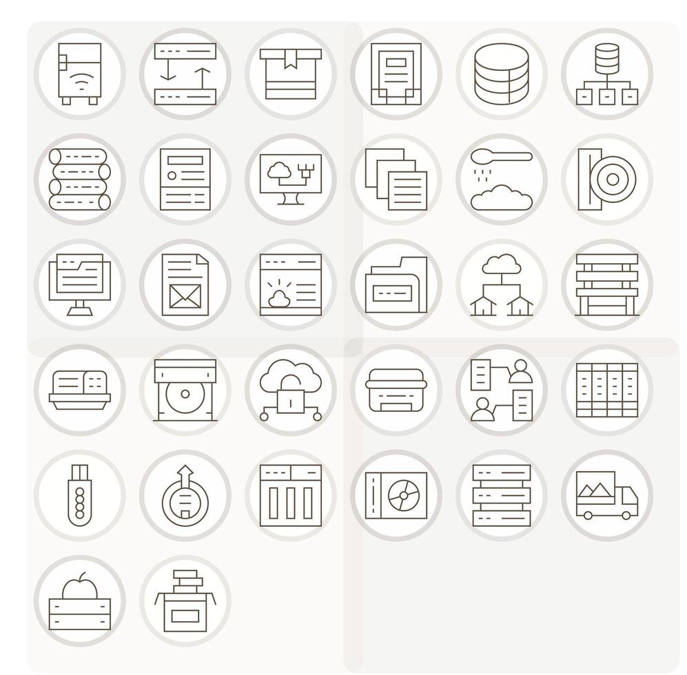 Data Storage Icon Toolkit featuring 32 Pixel Optimized 128x128 Thin Line elements vector