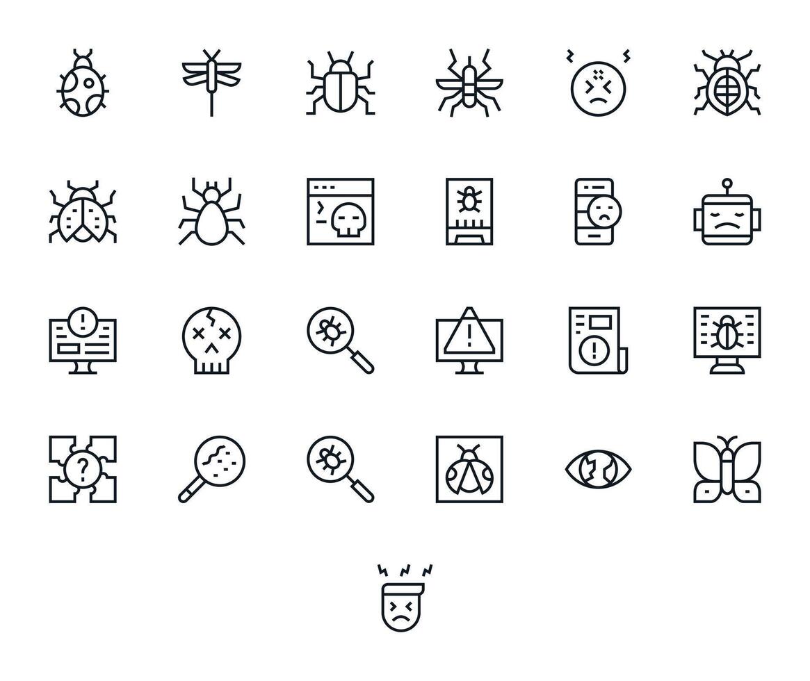 Bug Comprehensive Bundle with 25 Editable Regular Line High Resolution Icons vector
