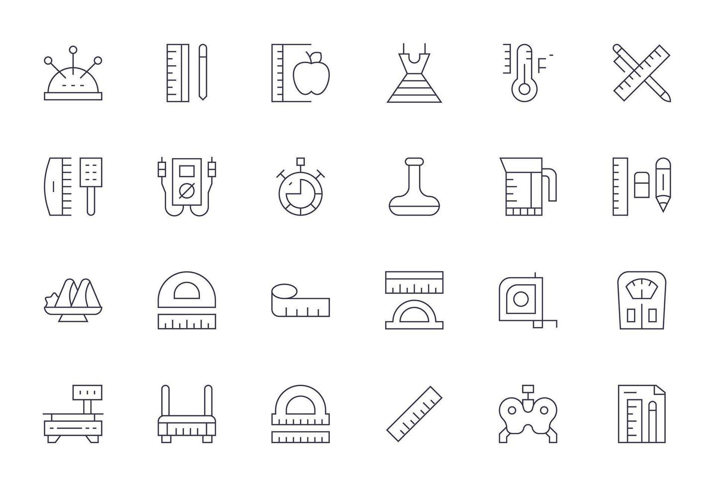 24 Thin Line Icons for Measuring in crisp 64x64 Editable resolution vector