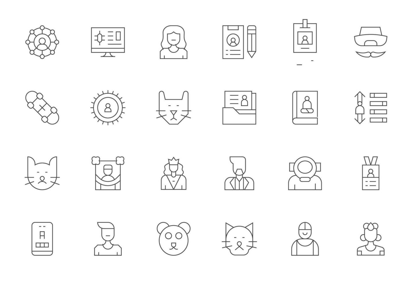 24 Editable Icons themed around Profile in High Resolution Thin Line format vector