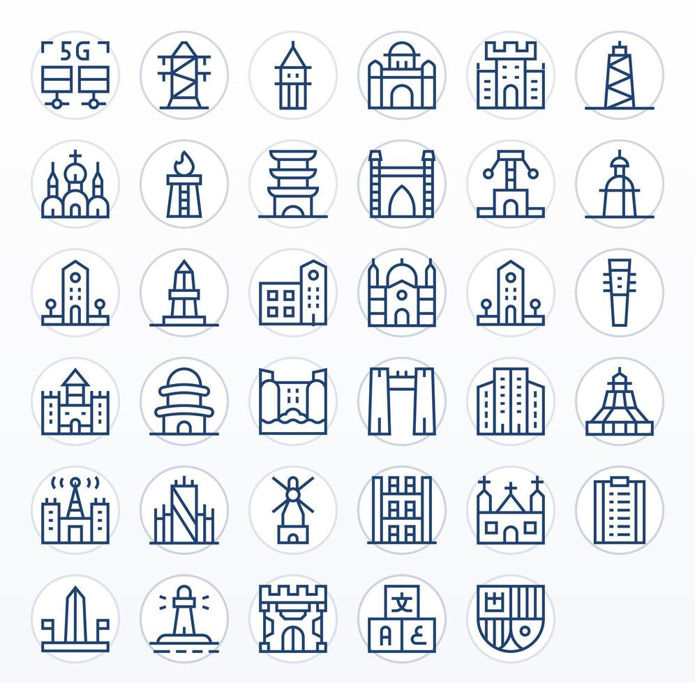 35 Icons for Tower featuring High Resolution Display Perfect Regular Line Graphics vector