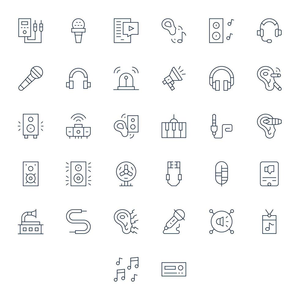 32 Detail Enhanced Icons themed around Audio in High Resolution Thin Line format vector