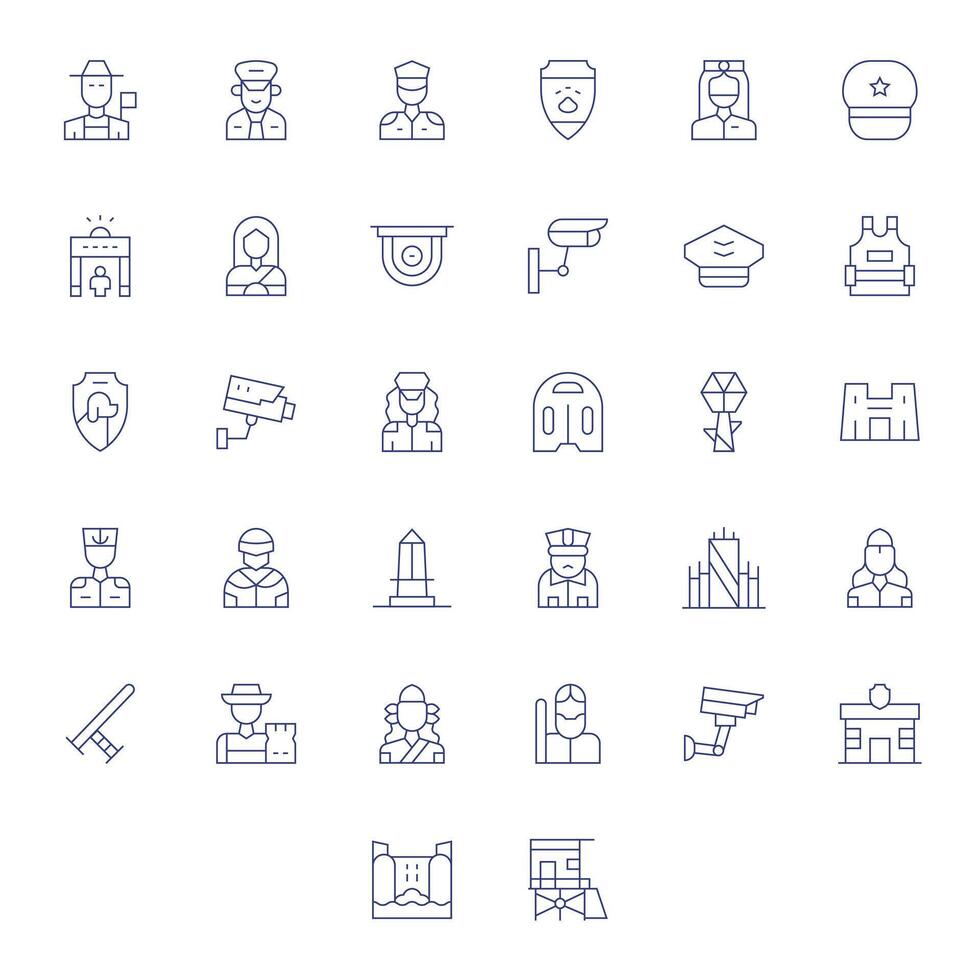 32 Icons for Guard featuring 128x128 Pixel Aligned Thin Line Graphics vector