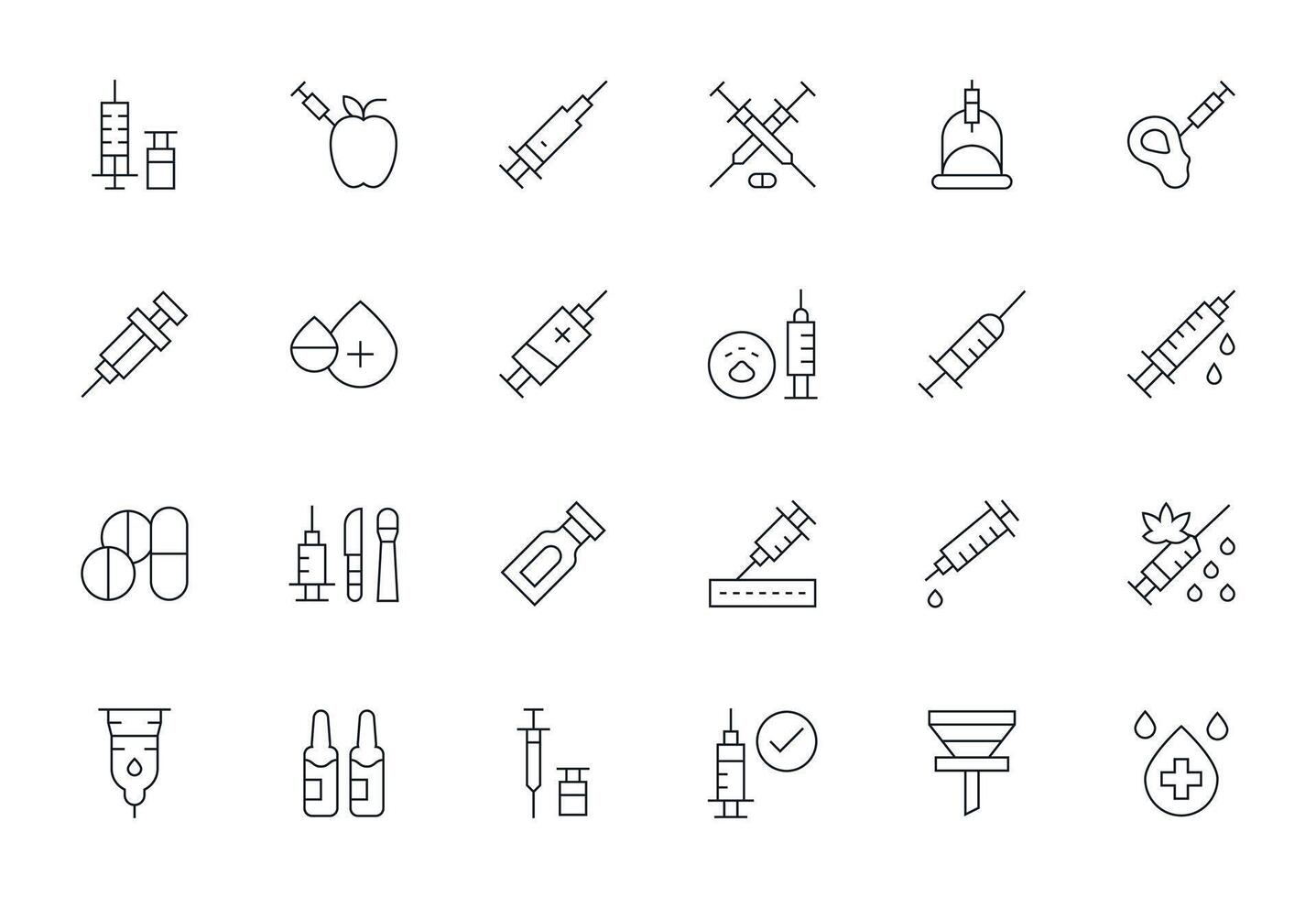 Thin Line Pixel Aligned Icons from Syringe Set with 24 High Resolution Icons vector