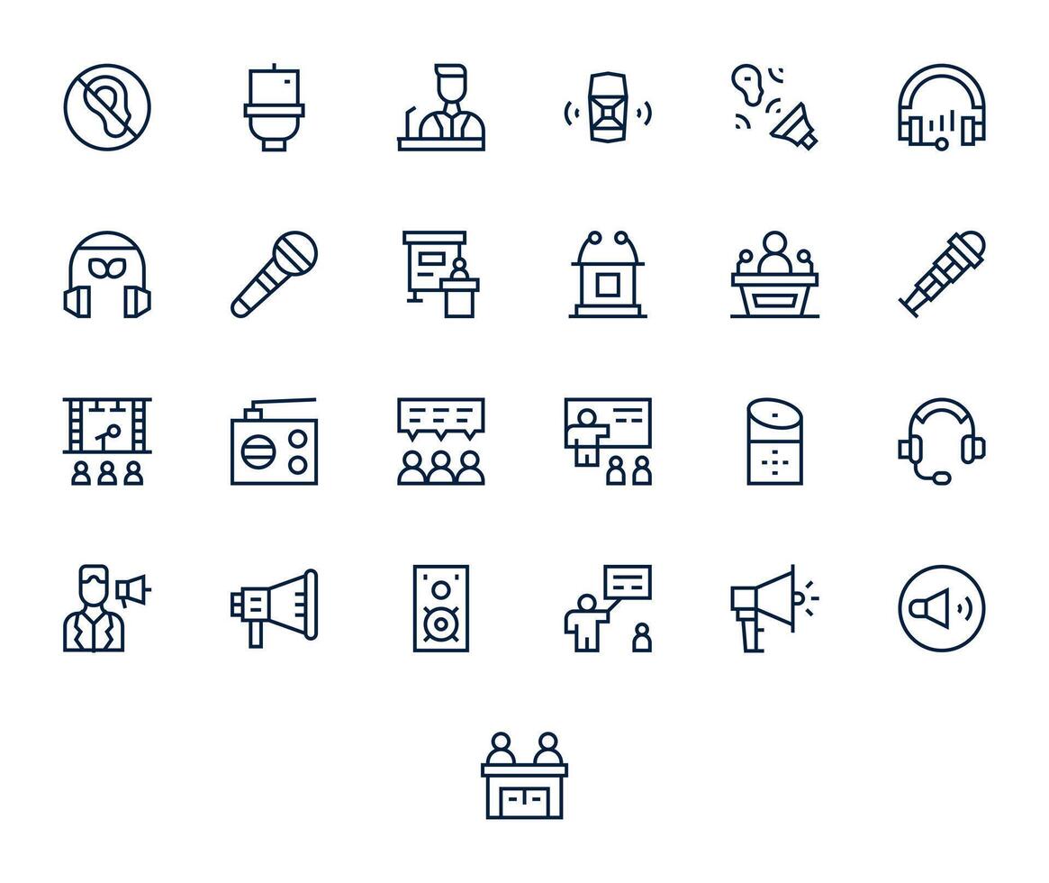 Speaker Design Icons featuring 25 Pixel Optimized Regular Line Style vector