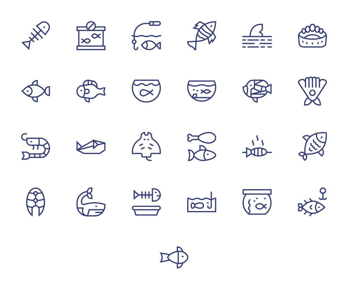Fish Icon Toolkit featuring 25 Pixel Optimized High Resolution Regular Line elements vector