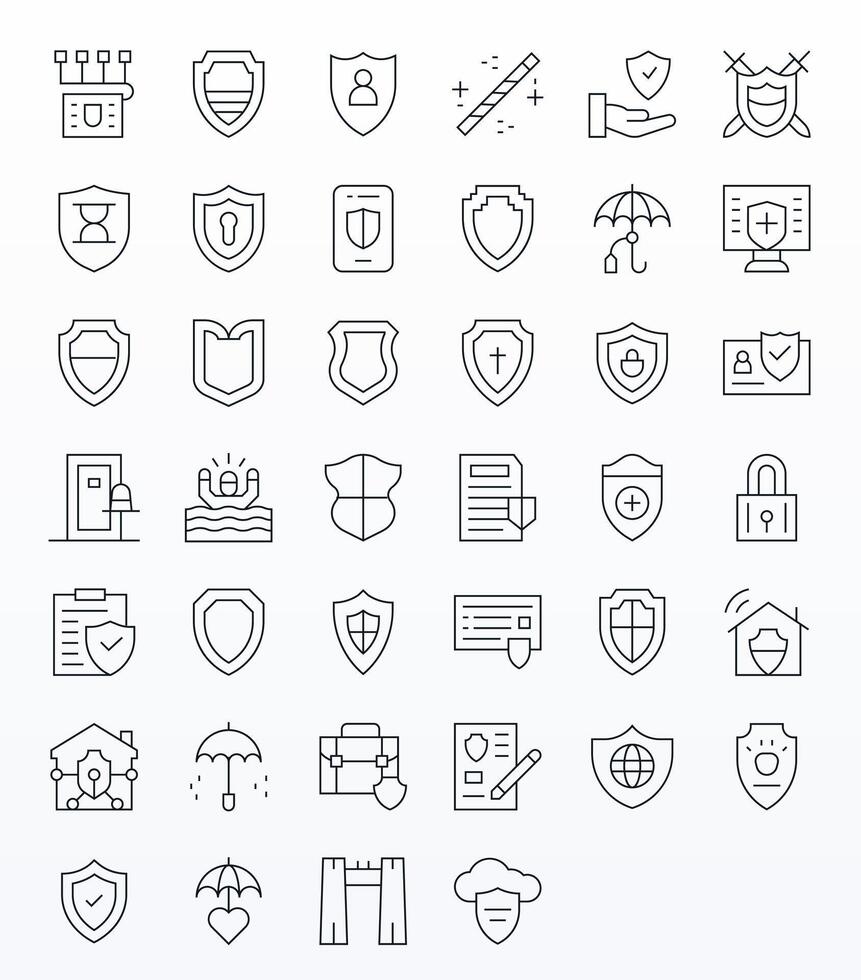 salvaguardia icono conjunto con 40 Delgado línea alto resolución píxel optimizado gráficos vector