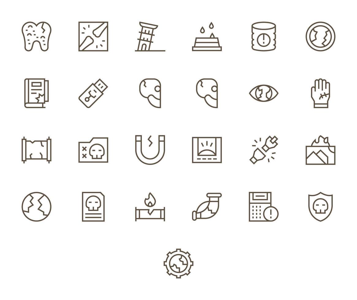 Damaged Icon Repository containing 25 Regular Line 64x64 Pixel Aligned graphics vector
