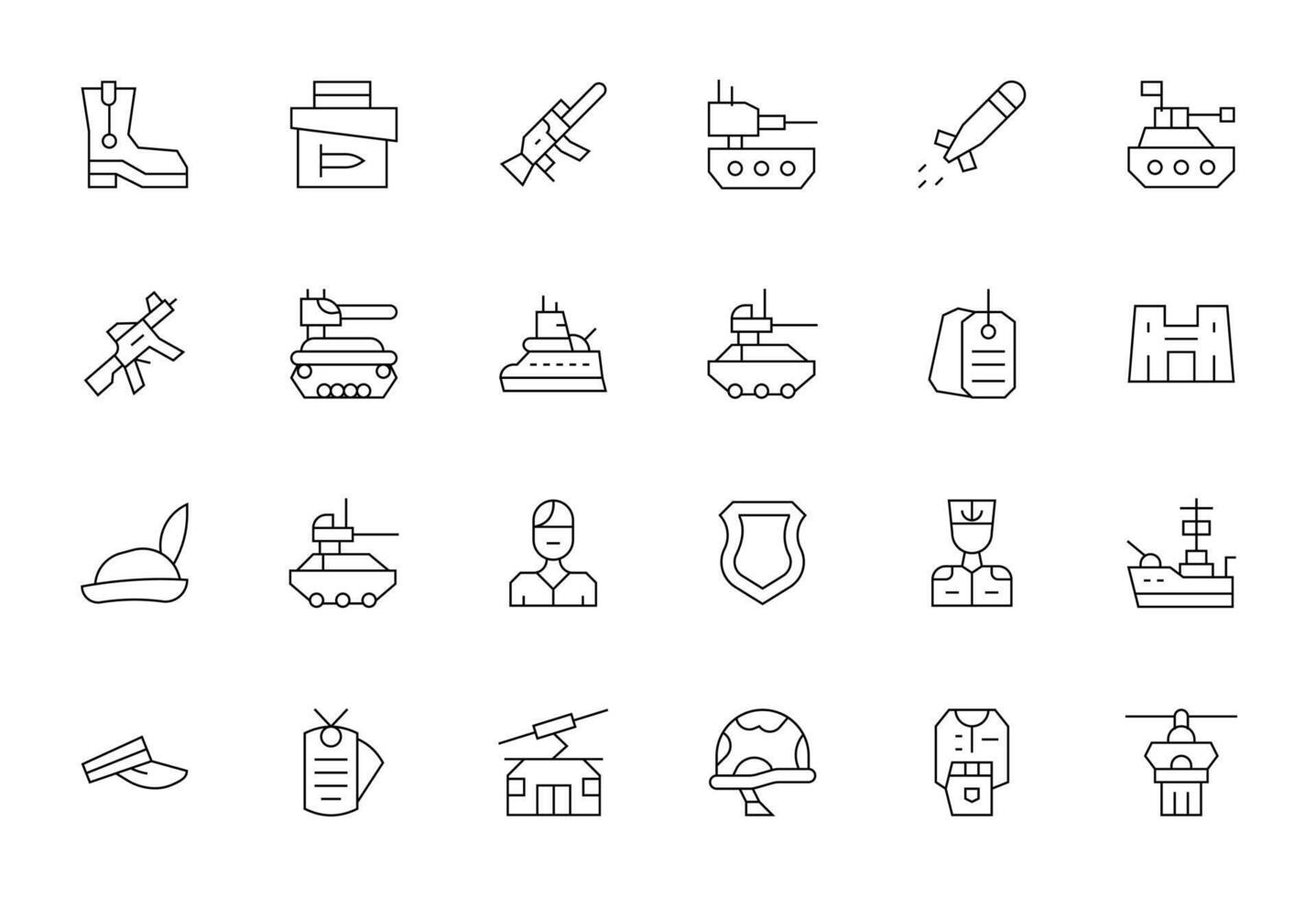 Army Visual Pack containing 24 Thin Line PIXEL Perfect Icons vector