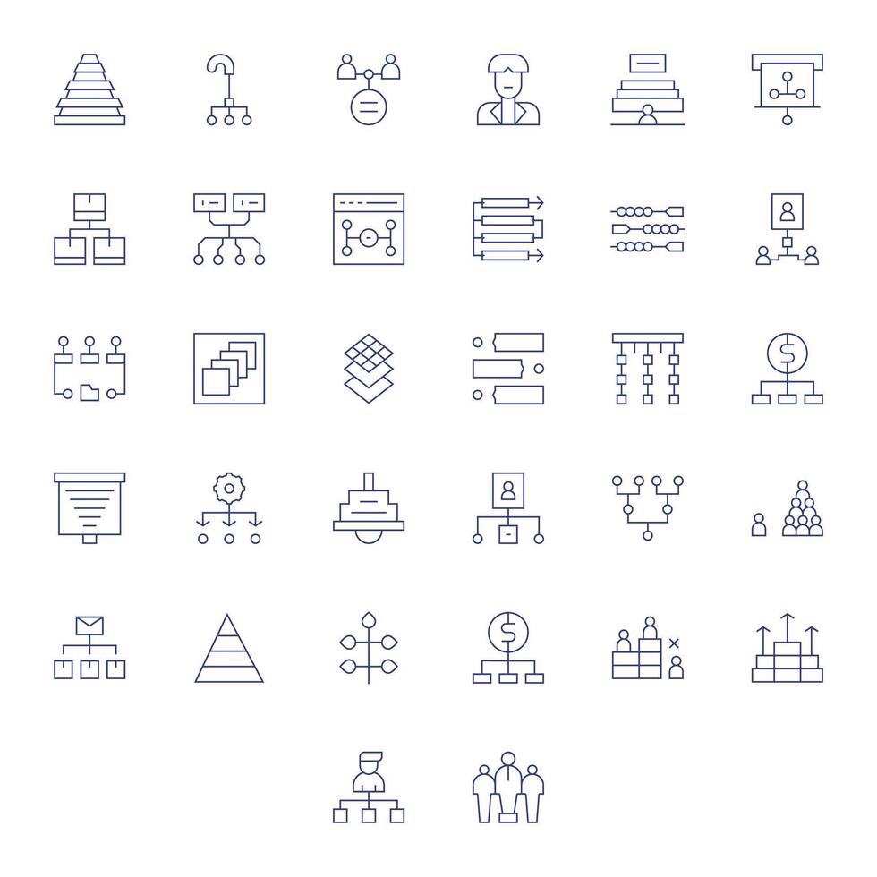 Hierarchy Icon Library with 32 Thin Line 128x128 Grid Fitted Designs vector