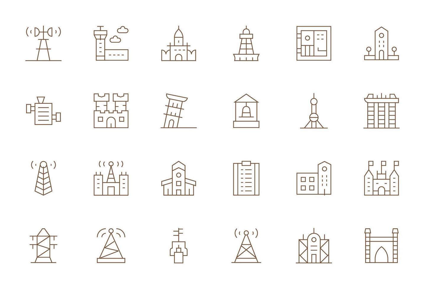 Tower Icon Toolkit featuring 24 Pixel Aligned 128x128 Thin Line elements vector