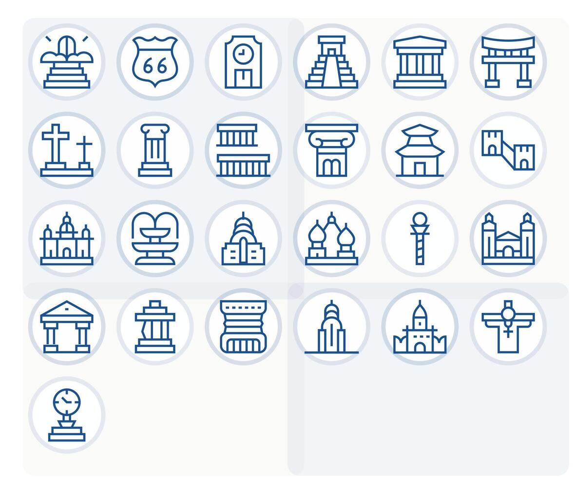 Monument Icon Set with 25 Regular Line 64x64 Pixel Aligned Graphics vector