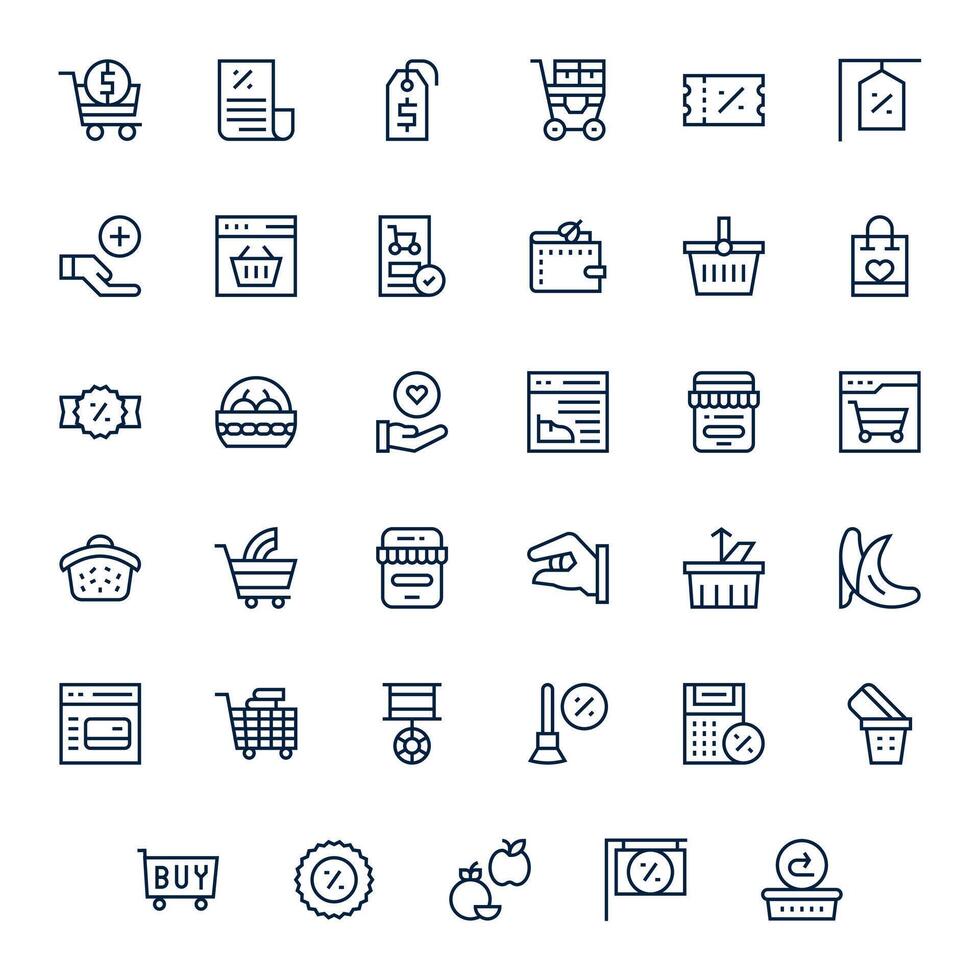 compras carro moderno colección con 35 regular línea 128x128 píxel optimizado íconos vector