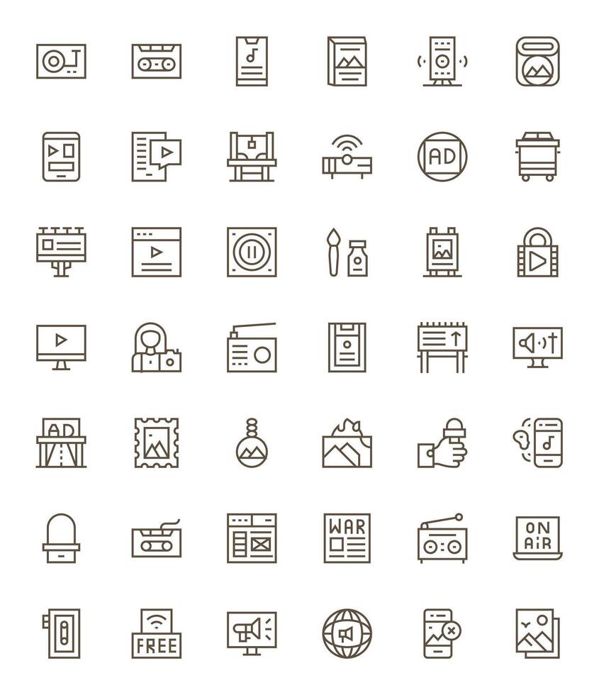 Media Comprehensive Bundle with 42 PIXEL Perfect Regular Line 128x128 Icons vector