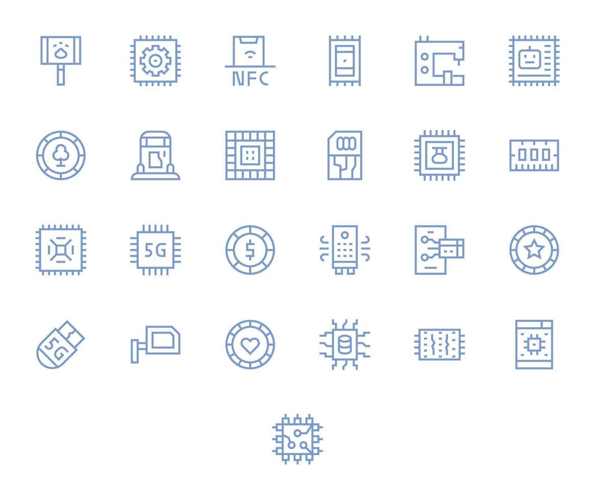 Chip Complete Package with 25 High Resolution Regular Line Pixel Optimized Icons vector