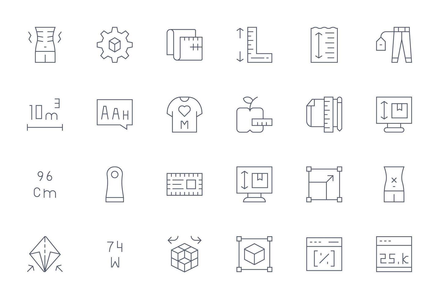 24 Icons inspired by Size in Detail Enhanced High Resolution Thin Line quality vector