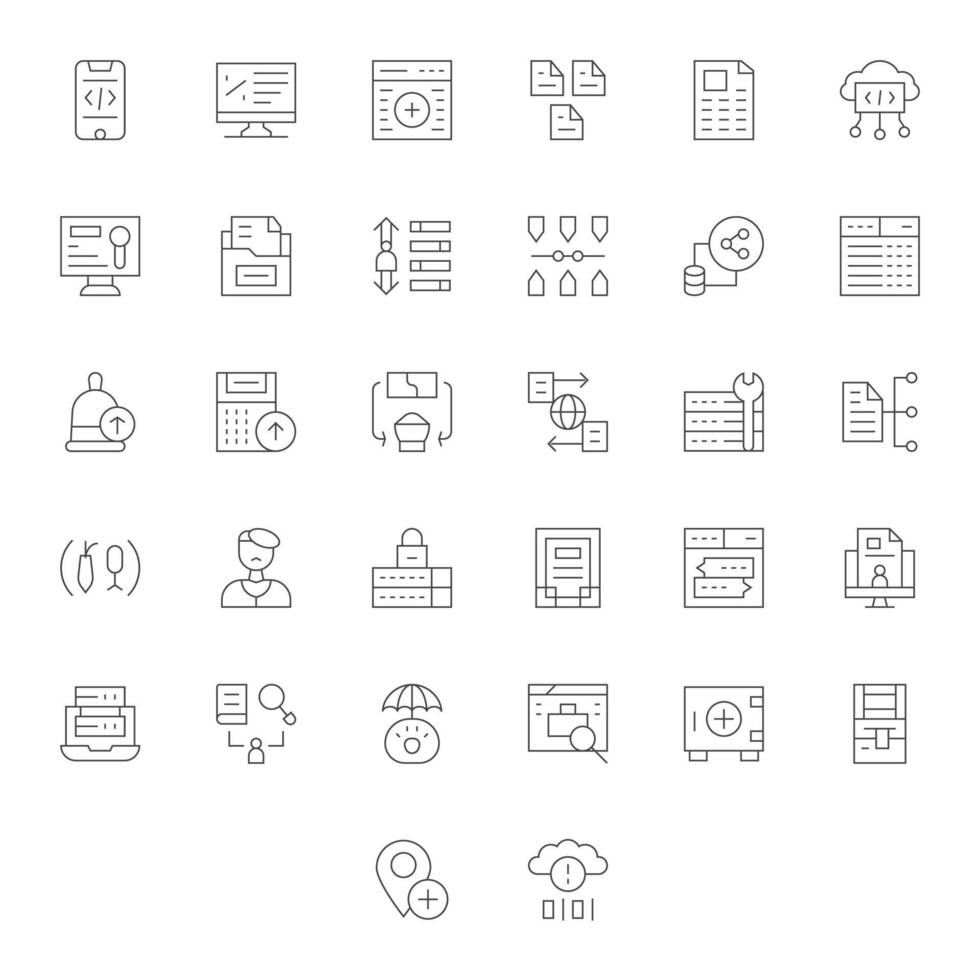 Database Graphics featuring 32 Thin Line PIXEL Perfect Retina Ready Designs vector