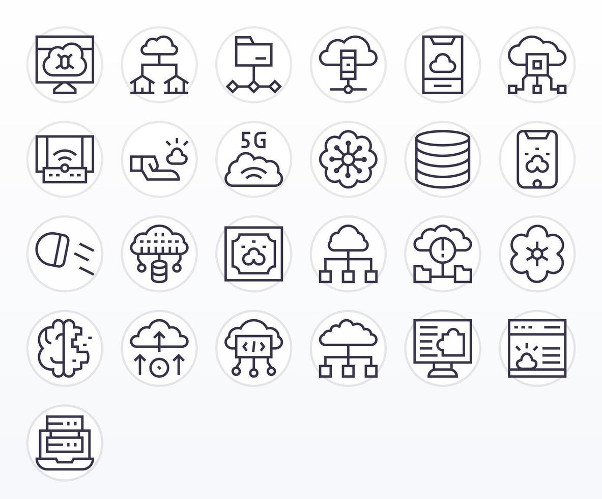Cloud Computing Comprehensive Bundle with 25 Pixel Optimized Regular Line 256x256 Icons vector