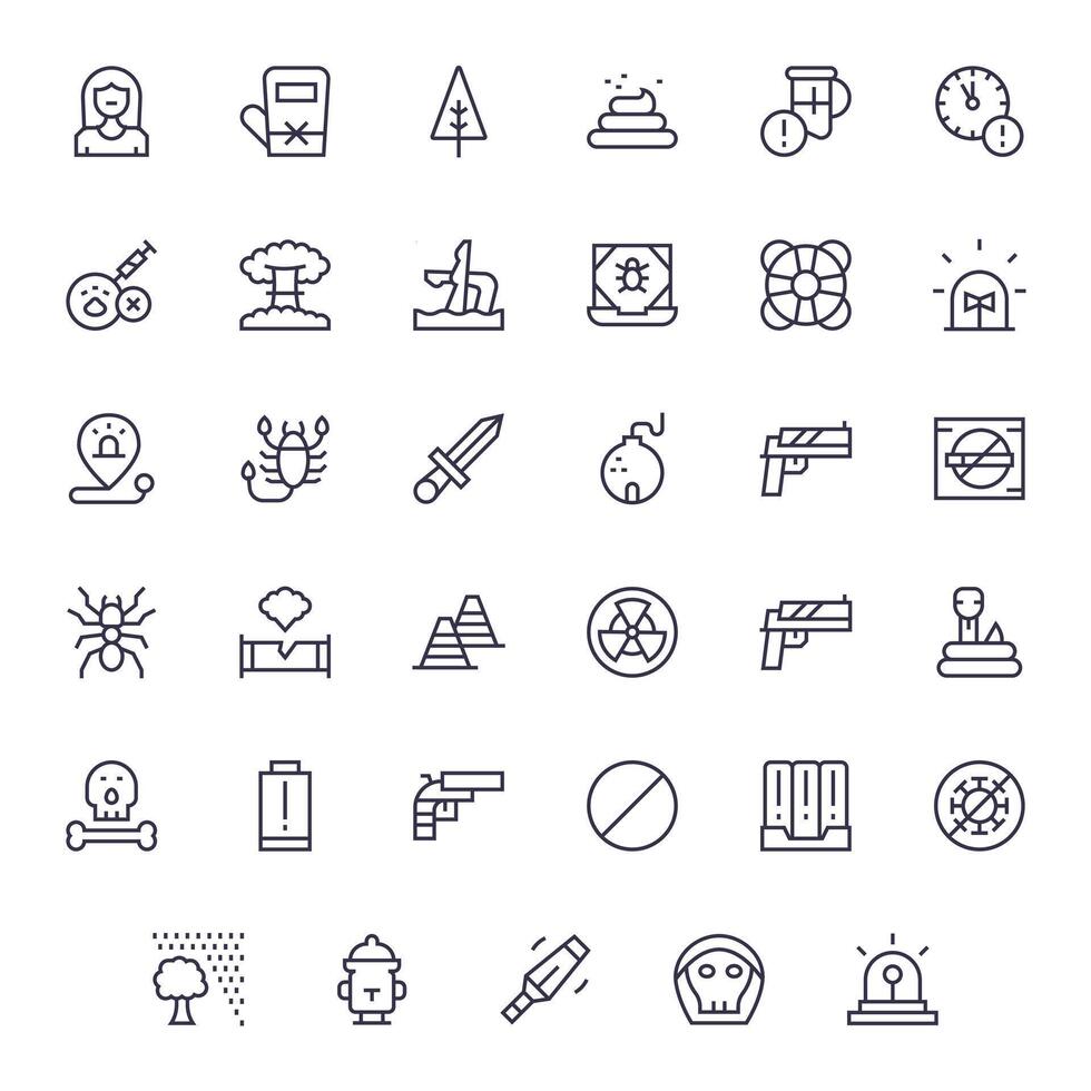 Danger Essential Set including 35 Pixel Optimized Regular Line High Resolution Icons vector