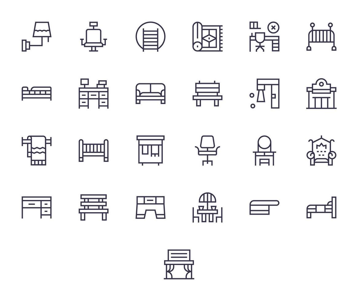 25 Icons for Furniture featuring 256x256 Pixel Aligned Regular Line Graphics vector