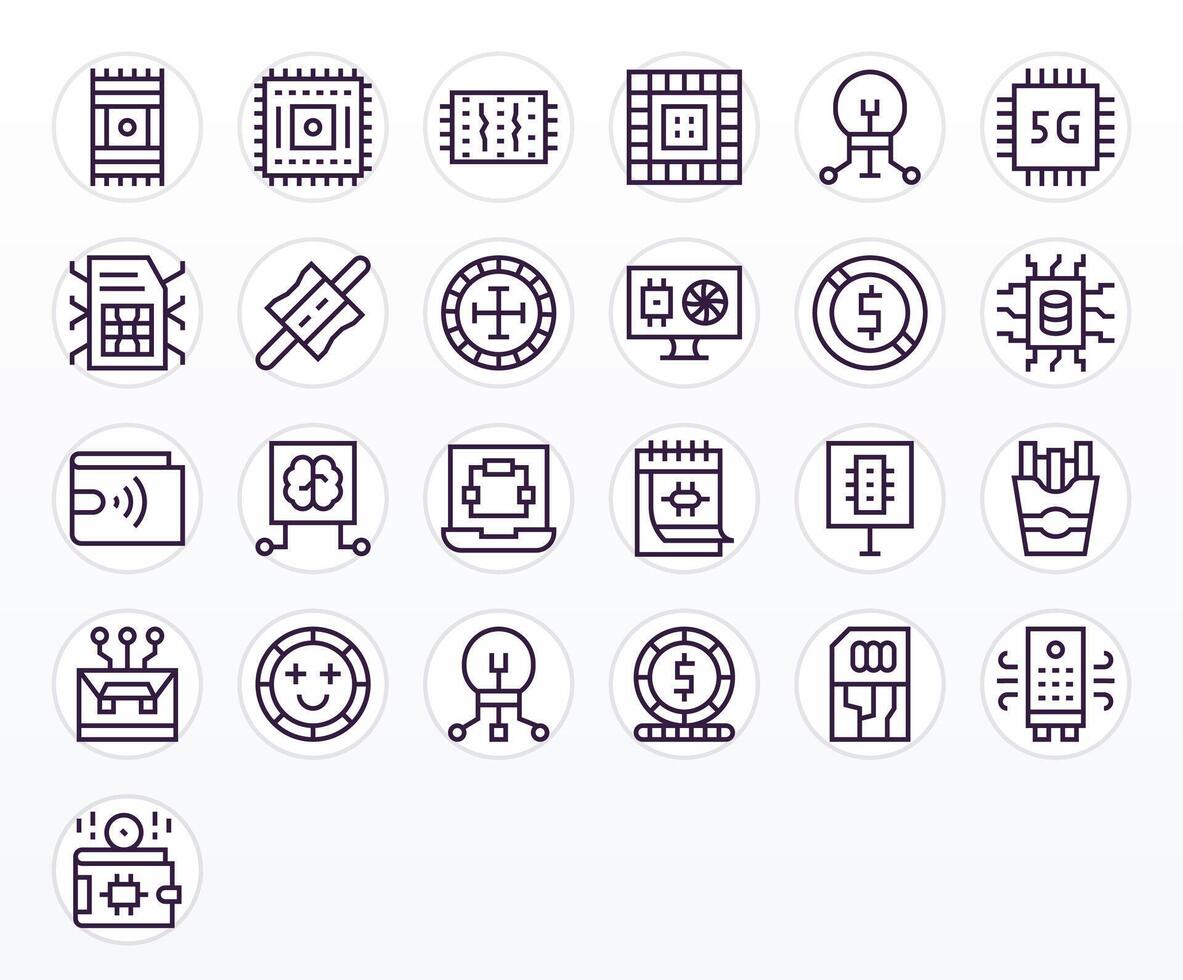 Chip Icon Set with 25 Regular Line 256x256 Editable Graphics vector
